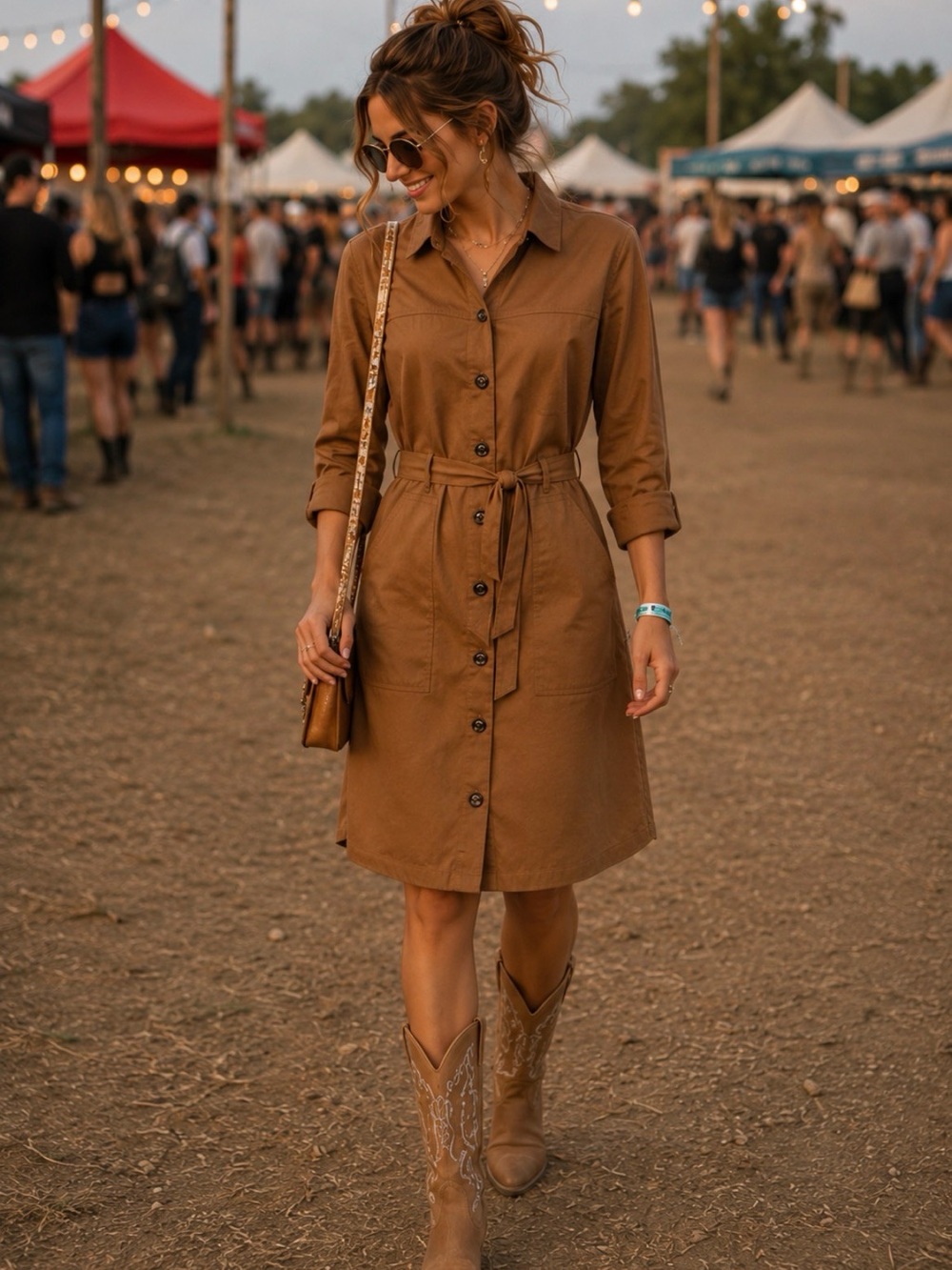 Shelby Cole in Chestnut Brown. Button-Front Midi Shirt Dress with Self-Tie Belt